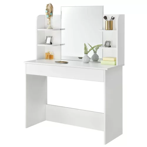 Fésülködőasztal, ModernHome PWSHT-20, 108 x 40 x 142 cm, fehér, nagy tükörrel, oldalsó polcokkal, rekeszes fiókkal