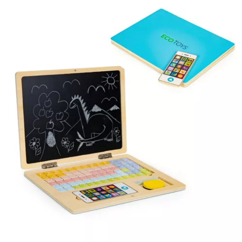 Oktatójáték, ECOTOYS G068, fa laptop, 30 x 22 cm, mágneses, 2 az 1-ben kréta és fehér tábla, 78 db mágneses betű és számok, kréta és szivacs, játéktelefon