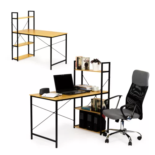 Számítógépasztal, ModernHome PJJCT002-302, 120 x 64 x 120,5 cm, világos tölgy, 4 polcos oldalsó állvánnyal, fa és fém anyagból