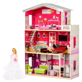   Fa babaház, ECOTOYS 4118, Malibu rezidencia, 87 x 32 x 114 cm, 3 szint, 4 szoba, mozgó lift, 10 db bútor, 27 cm babákhoz