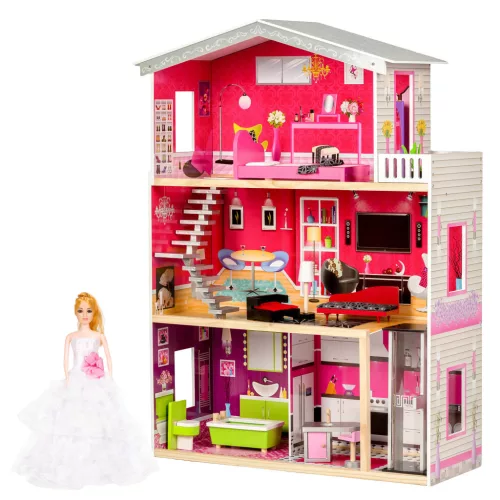 Fa babaház, ECOTOYS 4118, Malibu rezidencia, 87 x 32 x 114 cm, 3 szint, 4 szoba, mozgó lift, 10 db bútor, 27 cm babákhoz