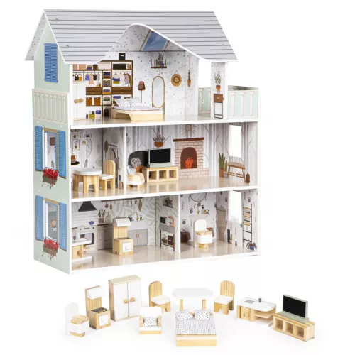Fa babaház, ECOTOYS 8301, Emma rezidencia, 60 x 24 x 70 cm, 3 szint, 6 szoba, 10 db színes bútor és kiegészítő, 3 éves kortól