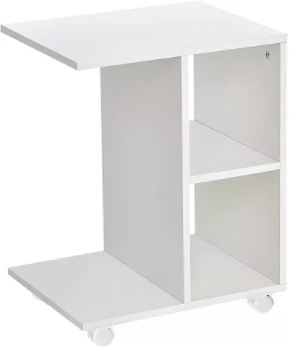 Dohányzóasztal, ModernHome PJJCFT0060, fehér, 45 x 35 cm, téglalap alakú, magasság: 58 cm, 3 szintes, 4 polcos, bevonatos faforgács asztallap