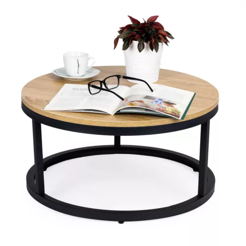 Dohányzóasztal, ModernHome PJJCFT0068, átmérő: 60 cm, kör alakú, magasság: 31,5 cm, fém váz, forgácslap asztallap