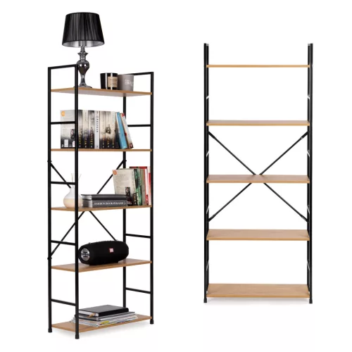 Könyvespolc, ModernHome CWJ6024144LG, 144 x 58,5 x 23,5 cm, vad tölgy, 5 polcos, fém váz, MDF polc, falhoz rögzíthető