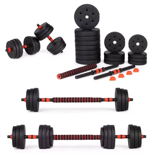 Kézisúlyzókészlet, MOVEPRO GB-SX, 2 x 15 kg (összesen 30 kg), rúdcsatlakozóval súlyzórúddá alakítható, 16 tárcsával, csúszásmentes markolat