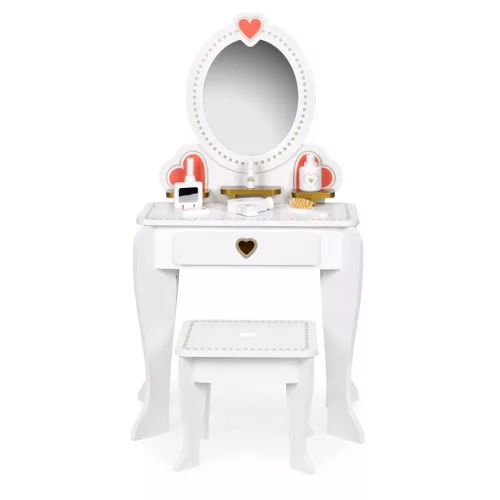 Gyermek fésülködőasztal, ECOTOYS W08H102B, 50 x 92,5 x 33 cm, fa és MDF, szívecskés tükörrel, fiókkal, székkel, kiegészítőkkel