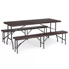  Sörpad szett, MultiGarden SZK-180B + 2 db SBK-18, barna, 180 cm, összecsukható, acél keret, HDPE műanyag felület, 3 db, asztal és 2 pad, 8 személyes