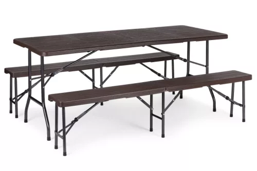 Sörpad szett, MultiGarden SZK-180B + 2 db SBK-18, barna, 180 cm, összecsukható, acél keret, HDPE műanyag felület, 3 db, asztal és 2 pad, 8 személyes