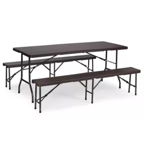   Sörpad szett, MultiGarden RZK-180B + 2 db RBK-18, barna, 180 cm, összecsukható, acél keret, HDPE műanyag felület, 3 db, asztal és 2 pad, 8 személyes