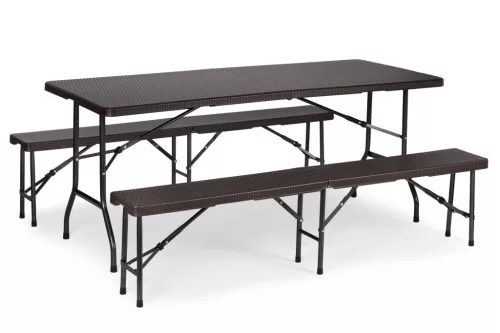 Sörpad szett, MultiGarden RZK-180B + 2 db RBK-18, barna, 180 cm, összecsukható, acél keret, HDPE műanyag felület, 3 db, asztal és 2 pad, 8 személyes