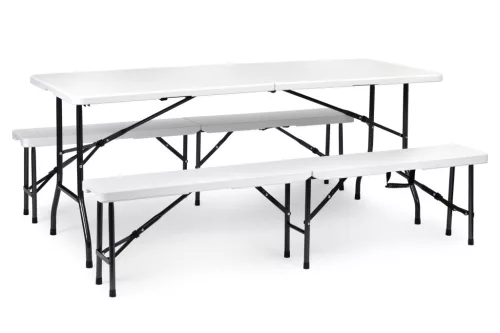 Sörpad szett, MultiGarden NZK-180S + 2 db BK-180, fehér, 180 cm, összecsukható, acél keret, HDPE műanyag felület, 3 db, asztal és 2 pad, 8 személyes