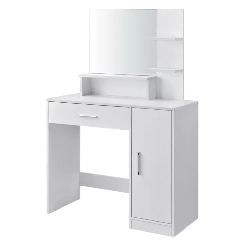 Sminkasztal, ModernHome PWJJDT0012, fehér, 90 x 40 x 137,5 cm, tükör, 2 fiók, 3 polc, laminált bútorlap