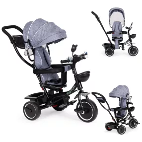   Háromkerekű tricikli, ECOTOYS JM-066-9, szürke, forgatható ülés, levehető napellenző, szülőkormány, biztonsági öv és karfa, tartós gumikerekek, teherbírás: 25 kg