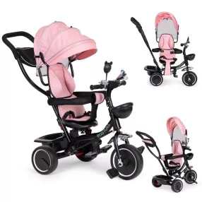   Háromkerekű tricikli, ECOTOYS JM-066-9, rózsaszín, forgatható ülés, levehető napellenző, szülőkormány, biztonsági öv és karfa, tartós gumikerekek, teherbírás: 25 kg