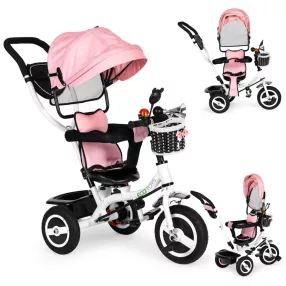   Háromkerekű tricikli, ECOTOYS JM-066-9L, rózsaszín, forgatható ülés, levehető napellenző, szülőkormány, biztonsági öv és karfa, tartós gumikerekek, teherbírás: 25 kg
