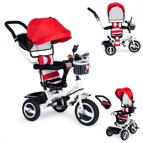   Háromkerekű tricikli, ECOTOYS JM-066-9L, piros, forgatható ülés, levehető napellenző, szülőkormány, biztonsági öv és karfa, tartós gumikerekek, teherbírás: 25 kg