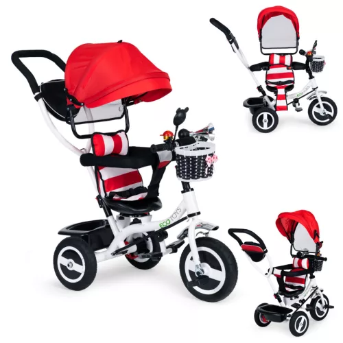 Háromkerekű tricikli, ECOTOYS JM-066-9L, piros, forgatható ülés, levehető napellenző, szülőkormány, biztonsági öv és karfa, tartós gumikerekek, teherbírás: 25 kg