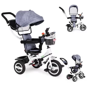   Háromkerekű tricikli, ECOTOYS JM-066-9L, szürke, forgatható ülés, levehető napellenző, szülőkormány, biztonsági öv és karfa, tartós gumikerekek, teherbírás: 25 kg