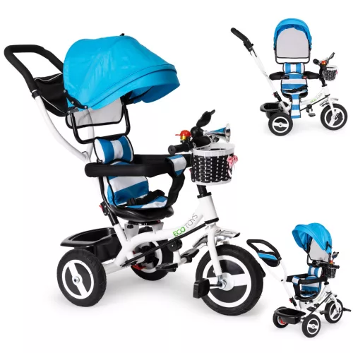 Háromkerekű tricikli, ECOTOYS JM-066-9L, kék, forgatható ülés, levehető napellenző, szülőkormány, biztonsági öv és karfa, tartós gumikerekek, teherbírás: 25 kg