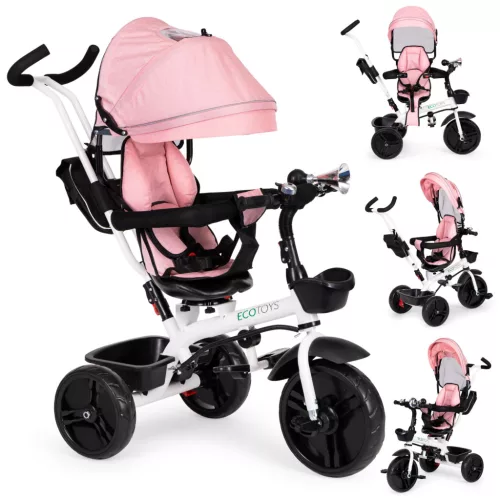 Háromkerekű tricikli, ECOTOYS JM-322, rózsaszín, forgatható ülés, levehető napellenző, szülőkormány, 5 pontos biztonsági öv, karfa, tartós EVA habkerekek, teherbírás: 25 kg
