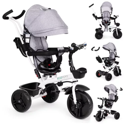 Háromkerekű tricikli, ECOTOYS JM-322, szürke, forgatható ülés, levehető napellenző, szülőkormány, 5 pontos biztonsági öv, karfa, tartós EVA habkerekek, teherbírás: 25 kg