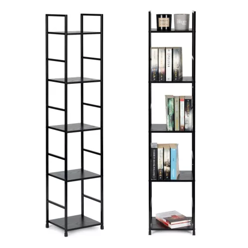 Könyvespolc, ModernHome CWJ3024144L, 144,5 x 29 x 23,5 cm, fekete, 5 polcos, fém váz, MDF polc, falhoz rögzíthető