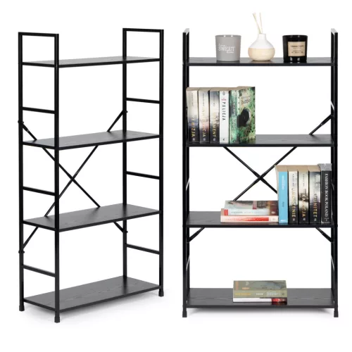 Könyvespolc, ModernHome CWJ6024112LG, 113 x 58,5 x 23,5 cm, fekete, 4 polcos, fém váz, MDF polc, falhoz rögzíthető