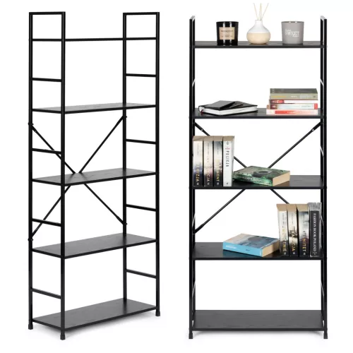 Könyvespolc, ModernHome CWJ6024144LG, 144 x 58,5 x 23,5 cm, fekete, 5 polcos, fém váz, MDF polc, falhoz rögzíthető