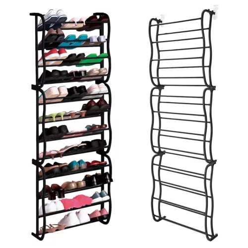 Ajtóra szerelhető cipőtároló, ModernHome PJJWMSR003, 185 x 55 x 15 cm, fekete, 12 szintes, 36 pár cipőhöz, fém csövekkel, helytakarékos kialakítással