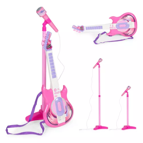 Gyerek gitár szett, Multistore HC342075, elektromos gitár mikrofonnal és állvánnyal, gitár 57 x 22 cm, állvány 57-97 cm állítható, műanyag, MP3/iPhone csatlakoztatható, 2 ritmuskíséret, hangerőszabályzó, elemes (2 x AA, nem tartozék), 3 éves kortól