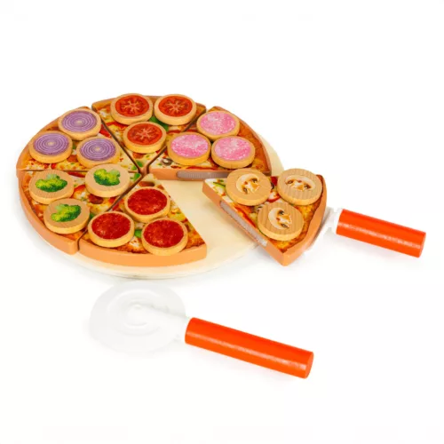 Játék élelmiszerkészlet, ECOTOYS TL733030, vágható pizza, tépőzáras, 27 db, 21 x 21 cm, pizzadobozzal, spatulával és kerek pizzavágóval