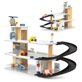   Játék parkolóház, ECOTOYS 1088, fa, 3 szintes,  37 x 63 x 21 cm, mozgó felvonóval, 3 autóval és helikopterrel, autómosóval és táblákkal