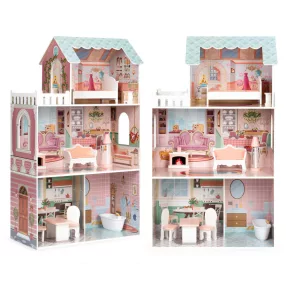  Fa babaház, ECOTOYS D8112, 61 x 30 x 106 cm, 3 szint, 5 szoba, 9 db bútor, Barbie-típusú babákhoz, 3 éves kortól