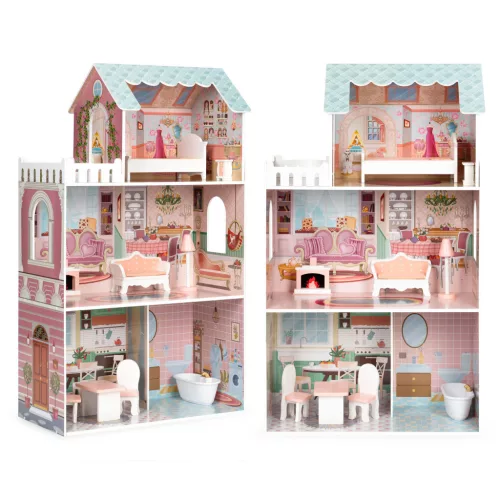 Fa babaház, ECOTOYS D8112, 61 x 30 x 106 cm, 3 szint, 5 szoba, 9 db bútor, Barbie-típusú babákhoz, 3 éves kortól