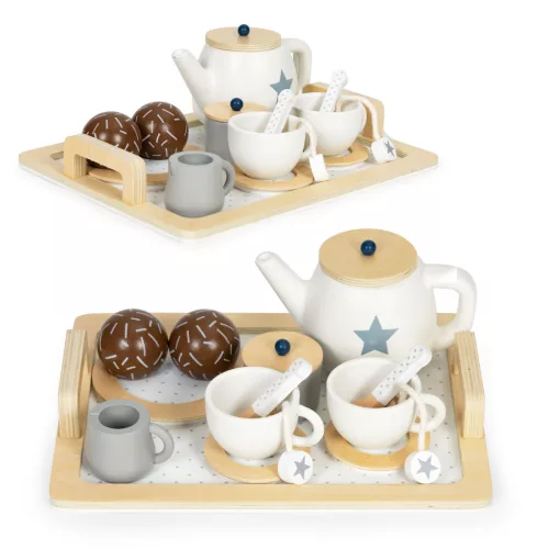 Játék teáskészlet, ECOTOYS W10B318B, 17 db, tálcával, csészékkel és kancsóval, 3 éves kortól
