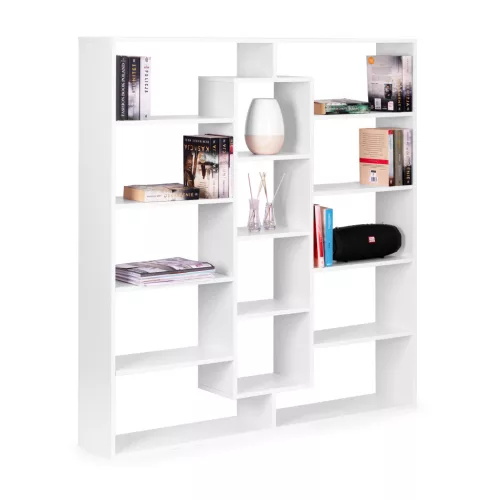Könyvespolc, ModernHome WYJ-400, fehér, 135,5 x 126,5 x 21 cm, 14 polc, forgatható, laminált forgácslap