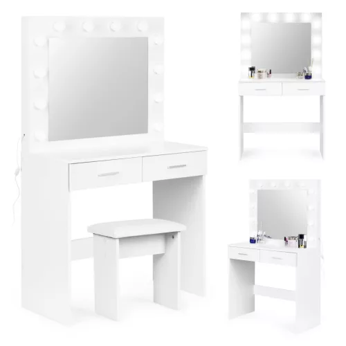 Sminkasztal, ModernHome CHDT03, 80 x 40 x 140 cm, 12 db LED, tükör, 2 fiók, ülőke, laminált bútorlap