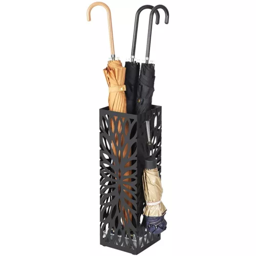 Esernyőtartó, Leobert 2138-1, fekete, 15,5 x 15,5 x 49 cm, négyzetes, porszórt acél, csepegtetőtálcával, csúszásgátló talppal, 4 akasztóval, áttört mintázatú