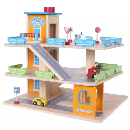 Játék garázs, ECOTOYS 1085, 43 x 36 x 40 cm, fa, mozgatható lifttel, 3 szintes, 4 színes autóval és közlekedési táblákkal, 3 éves kortól