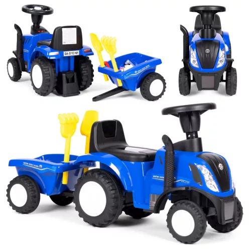 Bébitaxi, Multistore 658T, New Holland traktor, kék, 88 x 27 x 43 cm, kormánydudával és indításhanggal, utánfutóval, borulásgátlóval, 12 hónapos kortól, teherbírás: 25 kg, elemes (2 x AA - nem tartozék)
