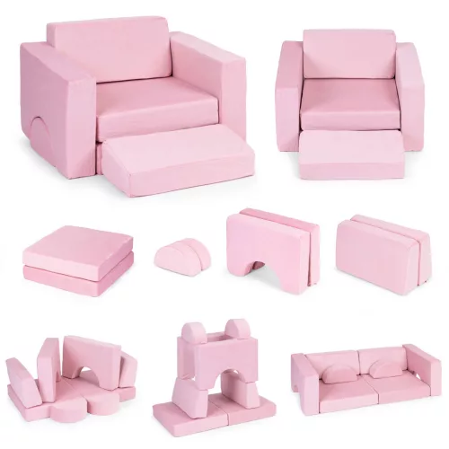 Gyerek moduláris fotel, ECOTOYS TMSRT-13, rózsaszín, 8 modul, levehető és mosható huzat, habszivacs, átalakítható kanapévá, puffá, matraccá, teherbírás: 120 kg
