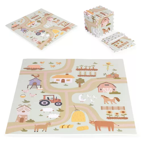Játszószőnyeg, ECOTOYS ECOEVA019, farm minta, 90,5 x 90,5 cm, 21 db-os kirakós szett, összeilleszthető elemek, vastagság: 1 cm, EVA hab