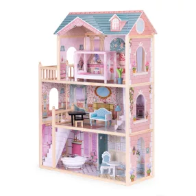   Fa babaház, ECOTOYS 8106, kastély, 84 x 38 x 123,5 cm, 3 szint, 4 szoba, 11 db bútorral, erkélyes