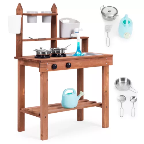 Kültéri játékkonyha, ECOTOYS TL814005, fa, 59,5 x 29,5 x 84,5 cm, működő csappal, forgó gombokkal, 7 db fém tartozékkal, 3 éves kortól
