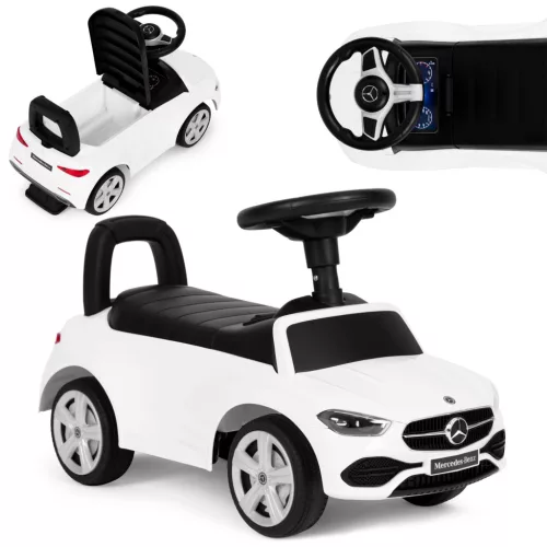 Bébitaxi, Multistore 667, Mercedes C-osztály, fehér, 64 x 28 x 37 cm, kormánydudával és indításhanggal, ülés alatti tárolóval, borulásgátlóval, 12 hónapos kortól, teherbírás: 25 kg, elemes (2 x AAA - nem tartozék)