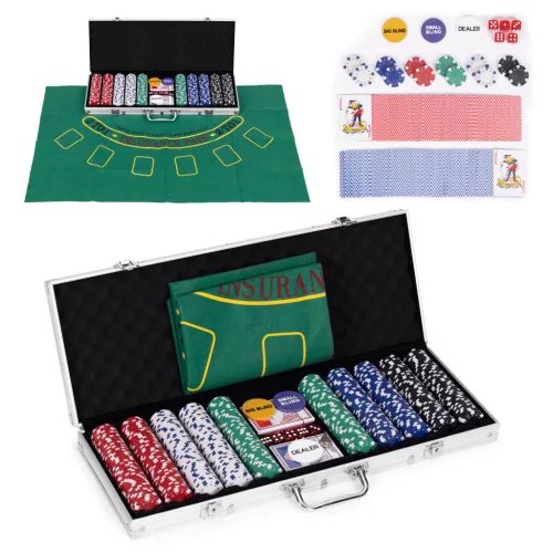 Póker és Blackjack készlet, Multistore D50011501SS, 500 db, 2 pakli kártya, 5 dobókocka, játékszőnyeg 90 x 60 cm, zárható fém koffer, akár 8 játékosig
