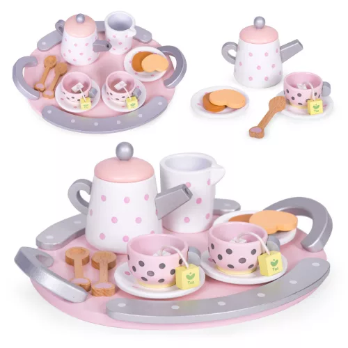 Játék teáskészlet, ECOTOYS W10D824, 15 db, fa, szerepjátékhoz és játékkonyhához, 3 éves kortól