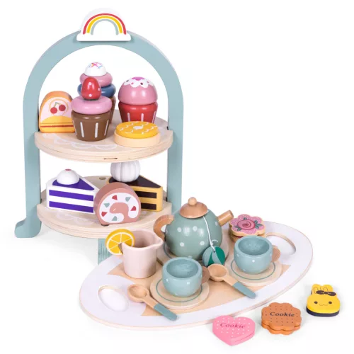 Játék teáskészlet fából, ECOTOYS HM327785, 27 db, tálcával, kannával, csészékkel és sütikkel, 3 éves kortól, realisztikus szerepjátékhoz