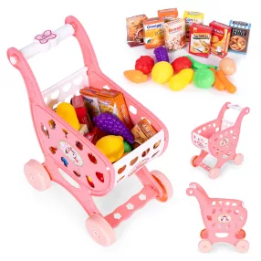   Játék bevásárlókocsi, ECOTOYS 978-2, rózsaszín, 18 db kiegészítővel, 3 éves kortól, biztonságos kialakítás, valósághű megjelenés